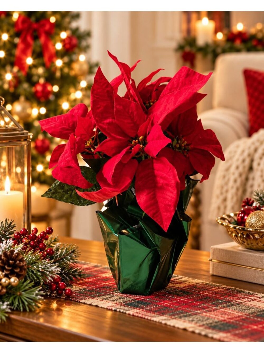 14" Artificial Red Christmas Poinsettia in Green Foil Pot – Holiday Tabletop Dec